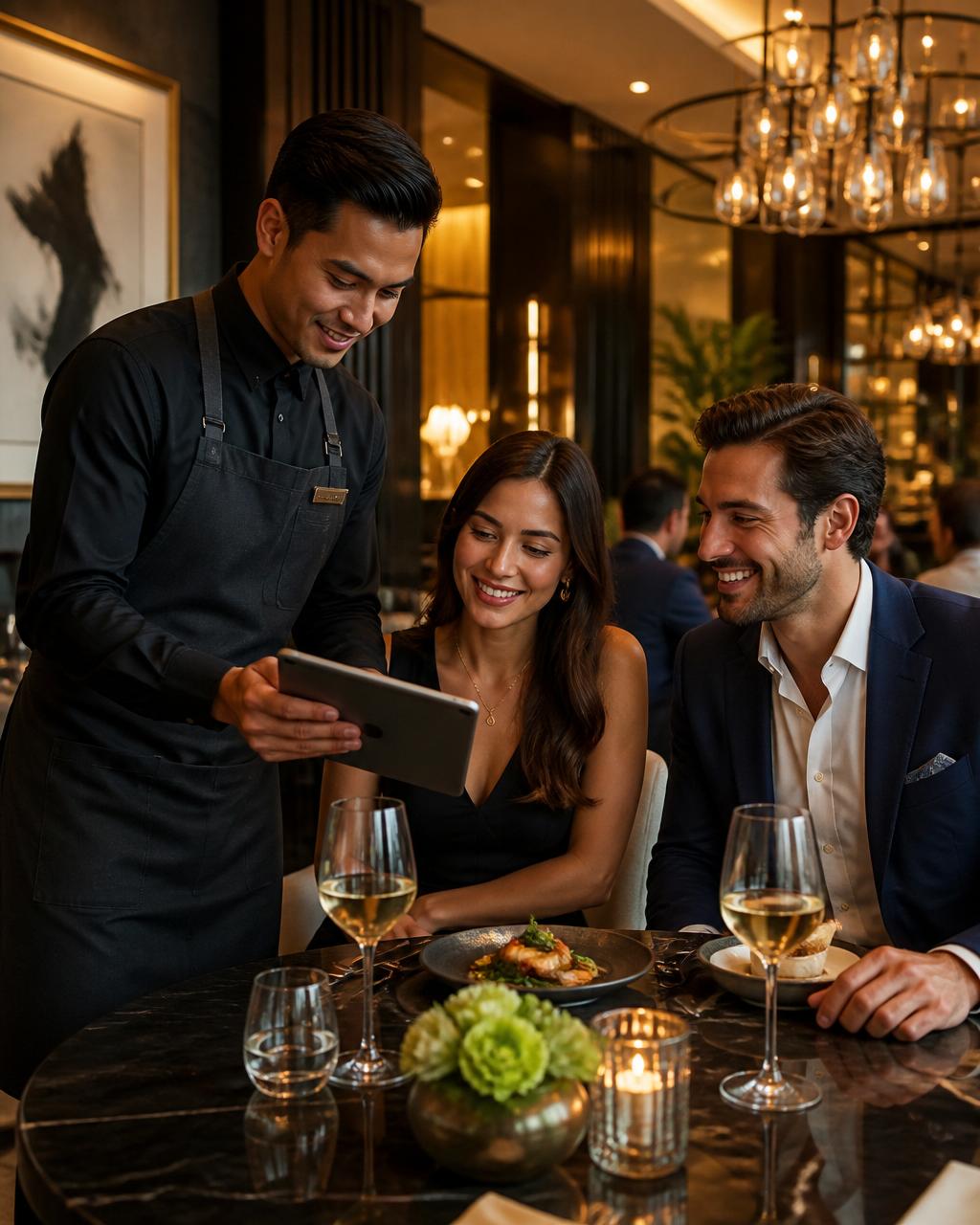 Bediening helpt gasten met bestellen via een tablet in een moderne horecazaak